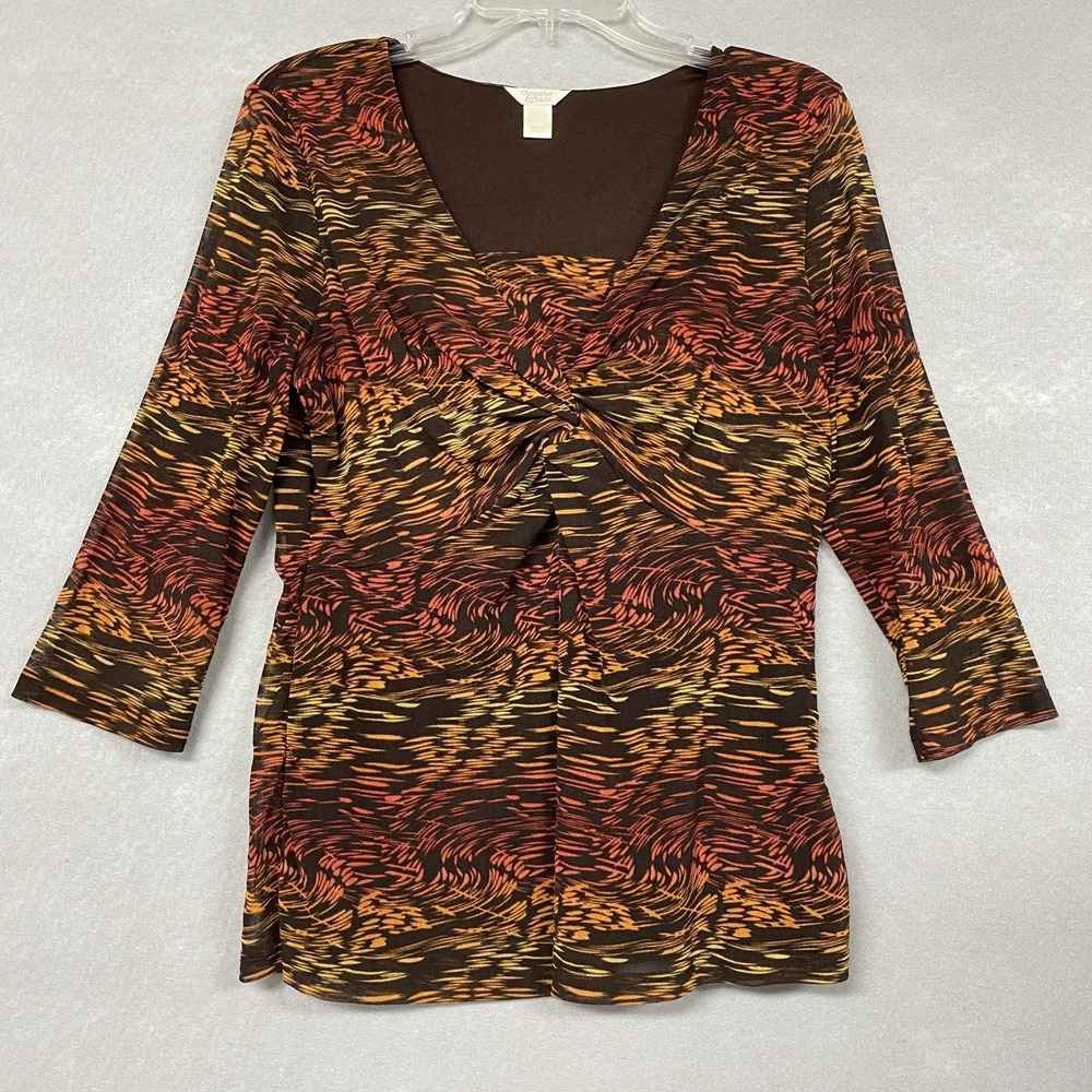 Christopher & Banks Womens L Shirt Brown Abstract Mesh Y2K V Neck Blouse